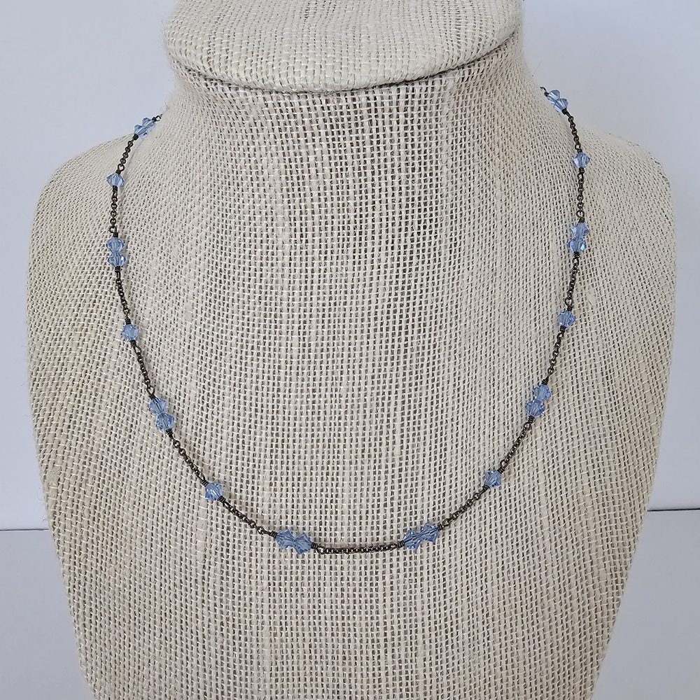Vintage Dainty Light Blue Crystal Station Necklace – Heart Clasp – Cottagecore